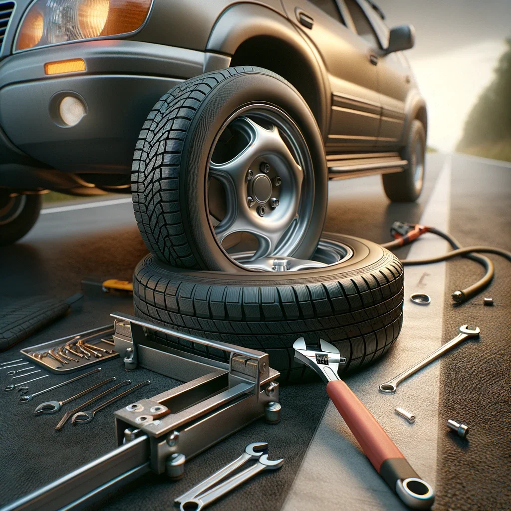 A realistic, slightly zoomed-in image focusing on a vehicle undergoing a tire change by a roadside assistance service, without showing any humans. The